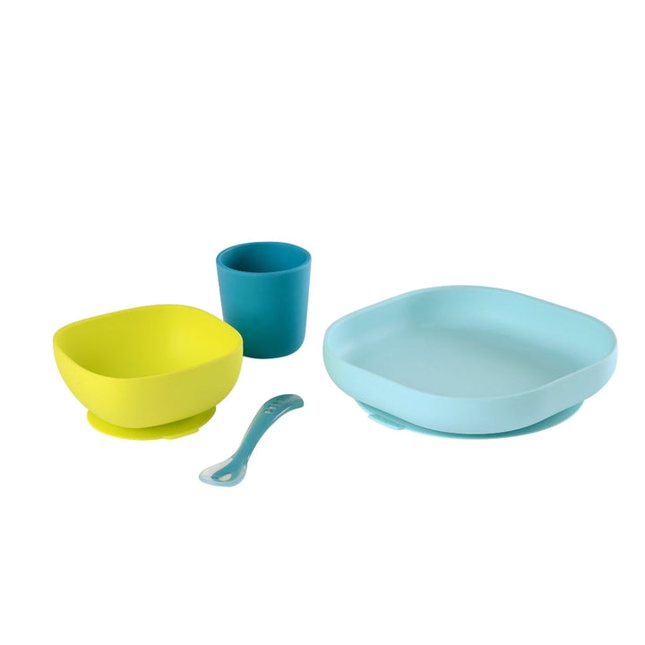 Beaba Silicone Suction Meal Set Baby Toddler Non-Slip Plate & Cup - Blue