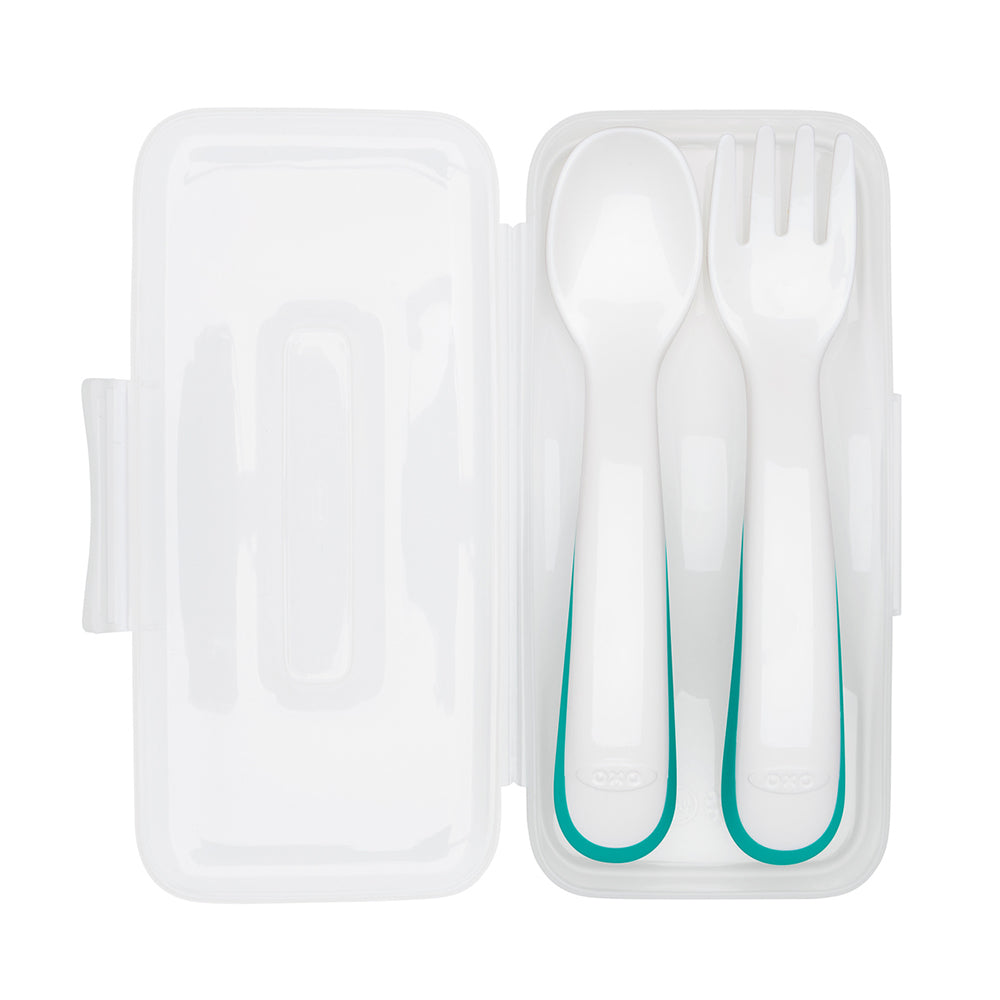 OXO TOT On-The-Go Non-slip Handles Plastic Fork & Spoon Set With Travel Case Teal