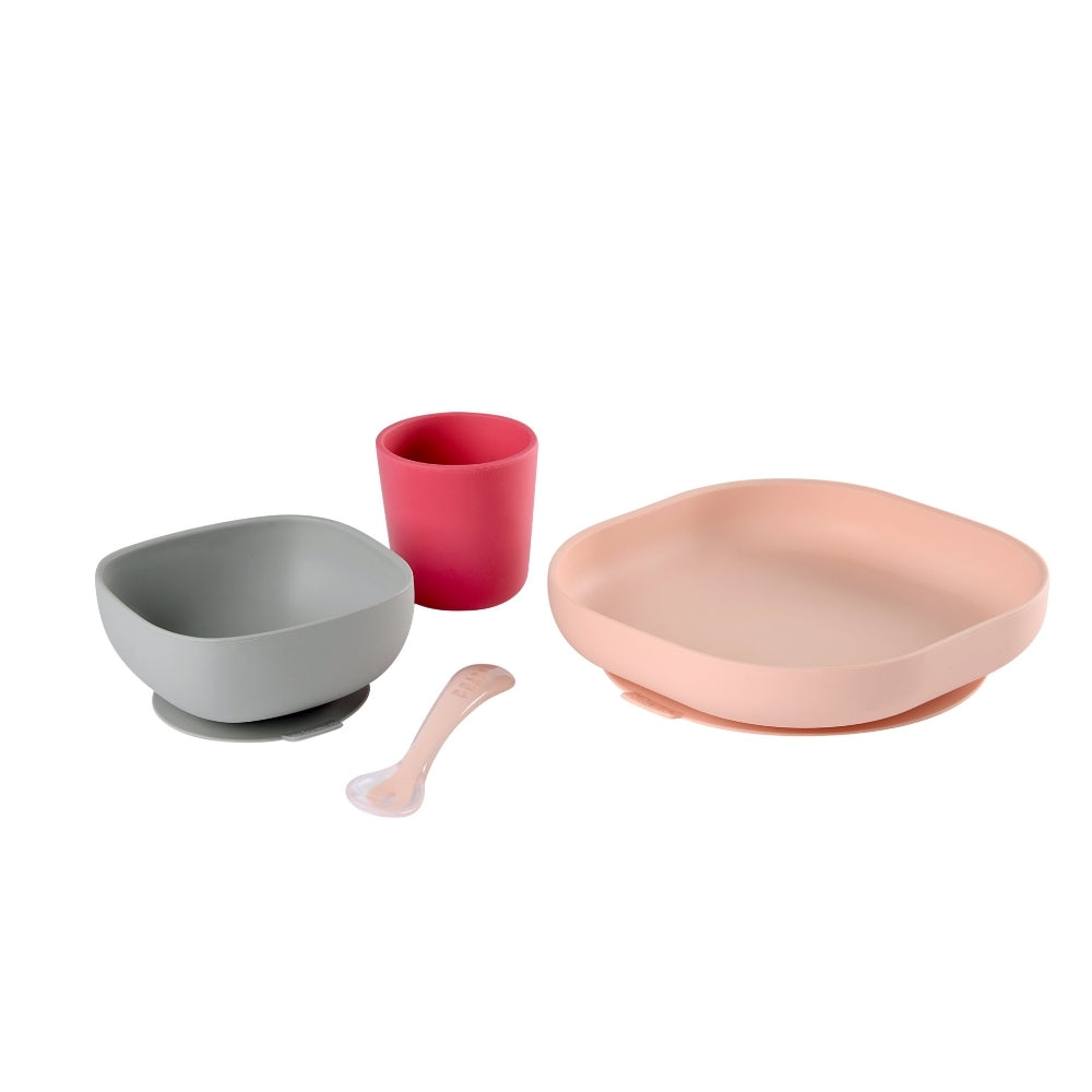 Beaba Silicone Suction Baby Toddler Meal Set Non-Slip Plate & Cup - Pink