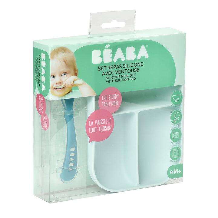 Beaba Silicone Baby Infant Toddler Suction Divided Plate & Spoon - Blue