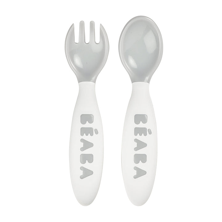 Beaba 2nd Stage Toddler Training Feeding Fork & Spoon - Light Mist