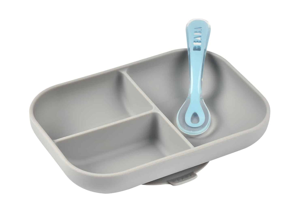 Beaba Silicone Suction Baby Toddler Divided Plate & Spoon - Grey