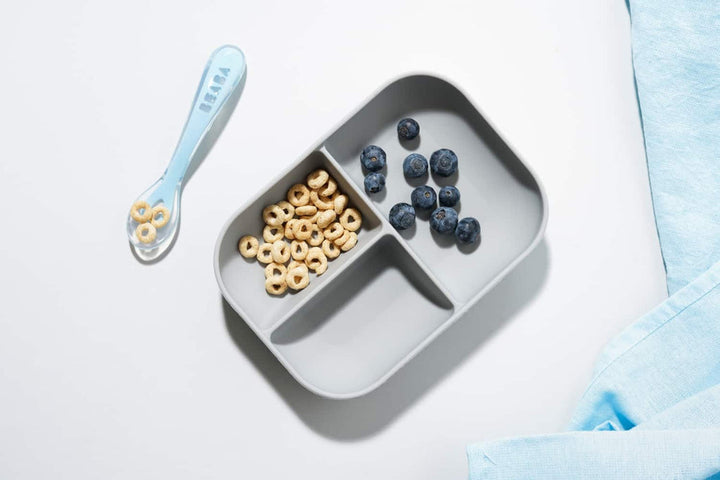 Beaba Silicone Suction Baby Toddler Divided Plate & Spoon - Grey