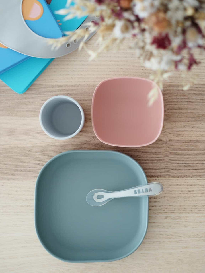 Beaba Silicone Suction Baby Toddler Meal Set Non-Slip Plate & Cup - Eucalyptus