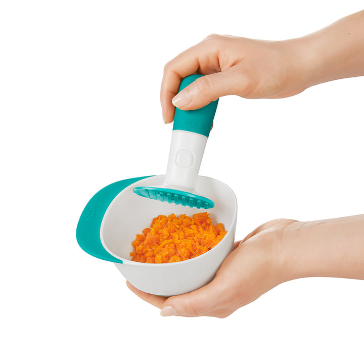 OXO TOT Compact Portable Baby Food Masher Teal With Masher Teeth And Steep Bowl