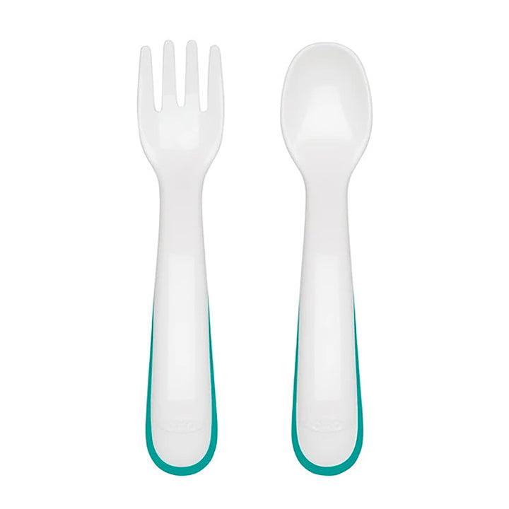 OXO TOT On-The-Go Non-slip Handles Plastic Fork & Spoon Set With Travel Case Teal