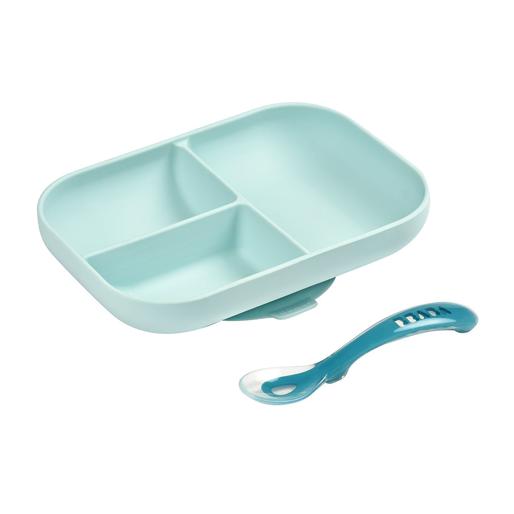 Beaba Silicone Suction Divided Plate & Spoon - Blue