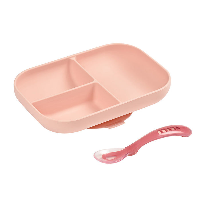 Beaba Silicone Suction Divided Plate & Spoon - Pink