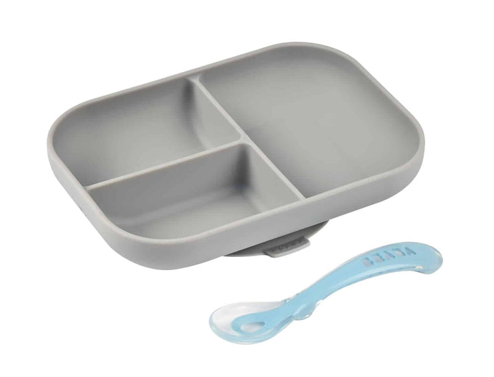 Beaba Silicone Suction Baby Toddler Divided Plate & Spoon - Grey